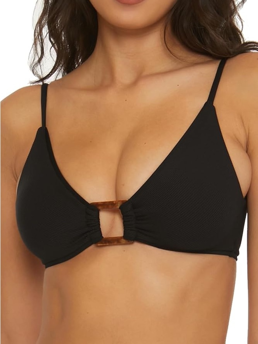 Becca Modern Edge Black Ribbed Bikini Top with Tortoise Buckle Size S NEW